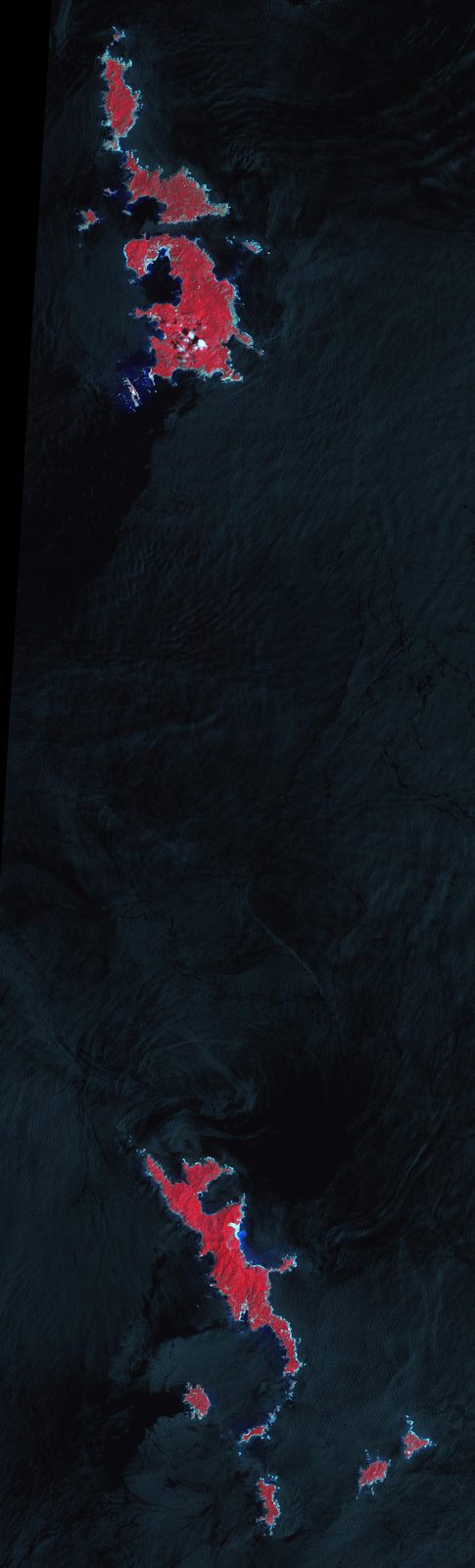 Several narrow islands in dark ocean, vegetation shown in red false-colour, Ogasawara Islands