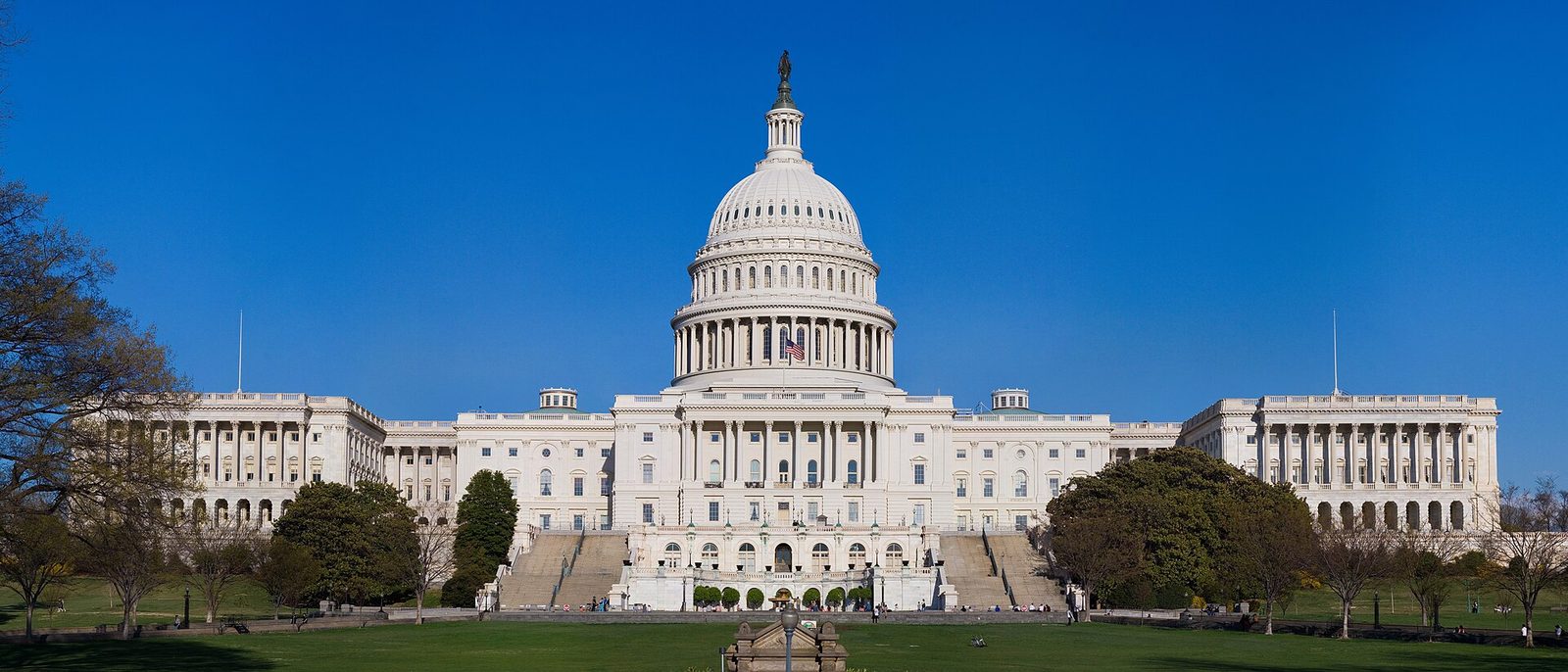 Large white domed government building, wide lawn and steps, Washington