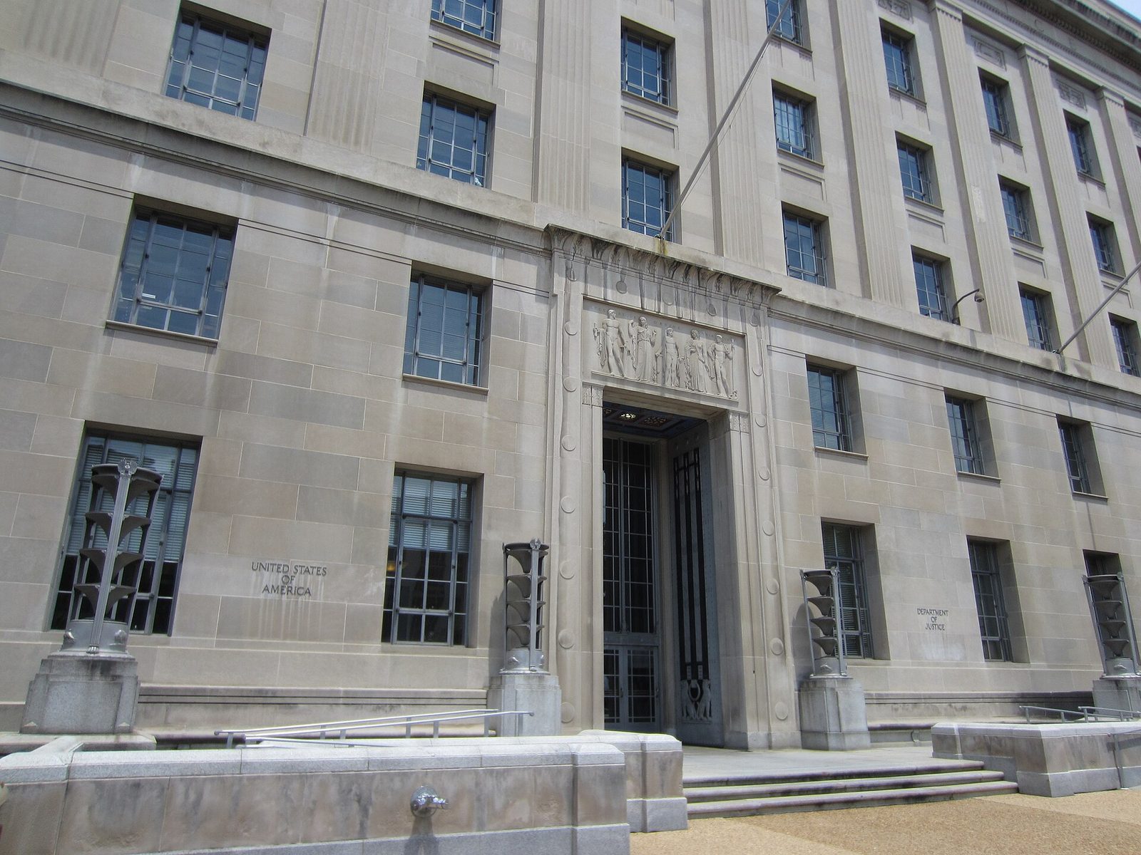 Robert F. Kennedy Department of Justice building entrance, stone façade and doorway, Washington