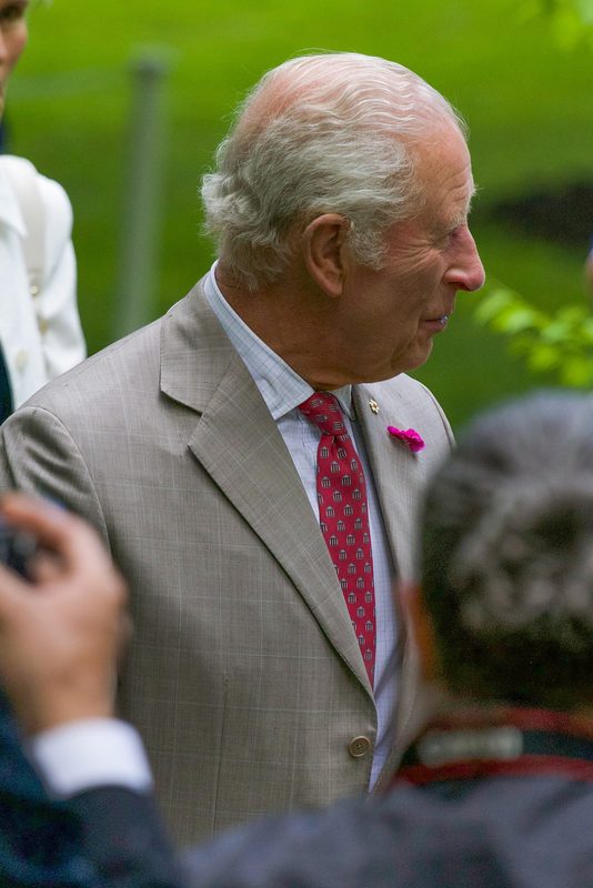 King Charles III in profile among crowd, wearing a beige suit