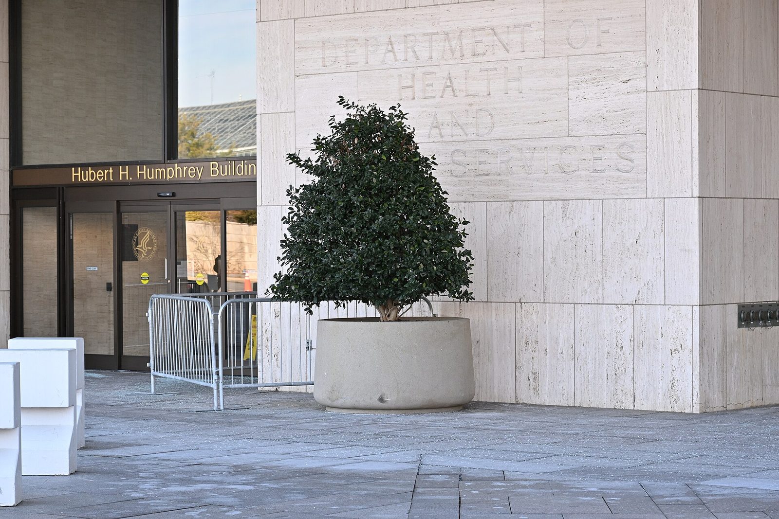 Main entrance to Hubert H. Humphrey Building, HHS sign above doors, Washington