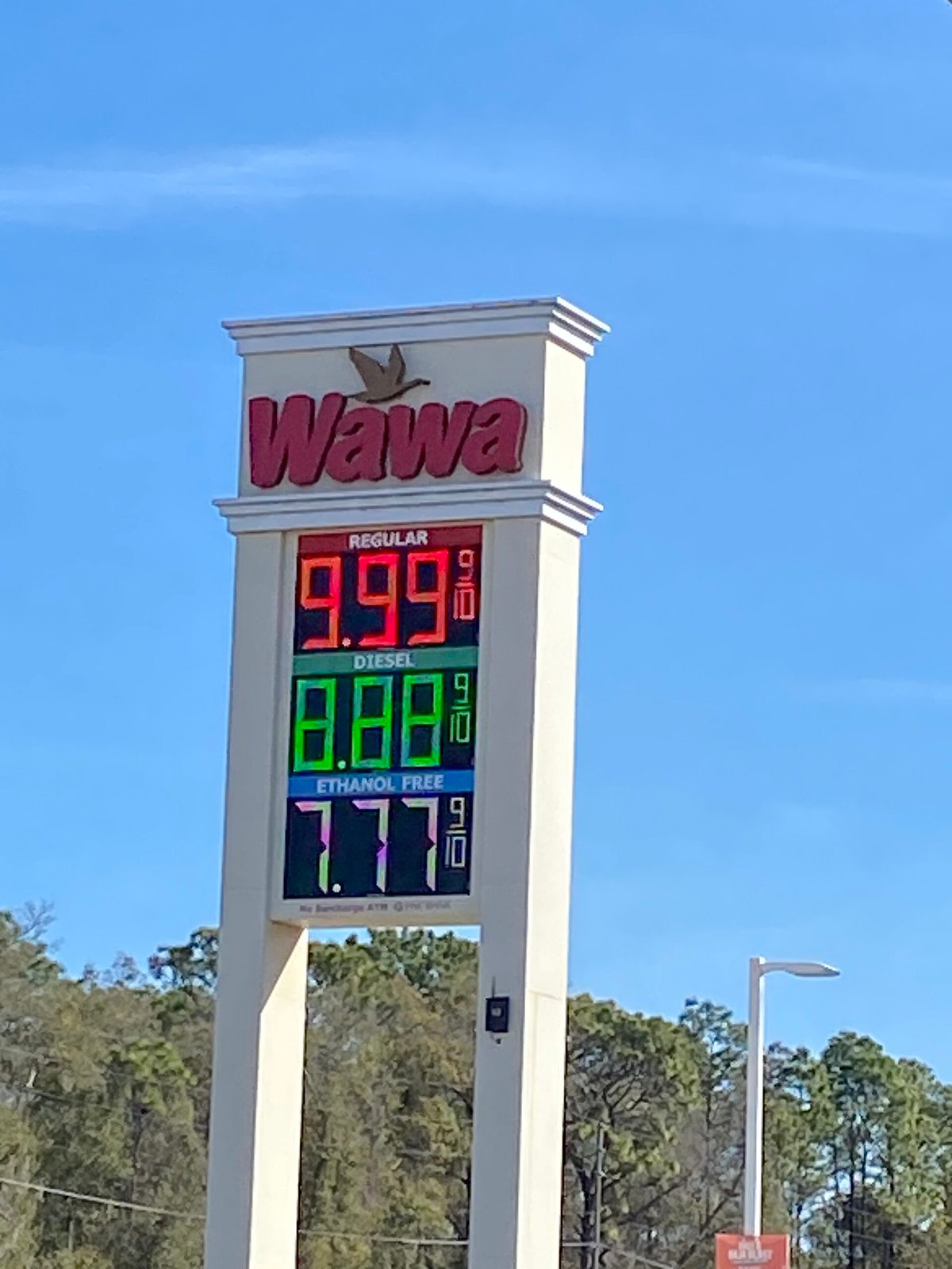 Wawa roadside price sign showing large fuel price digits against sky