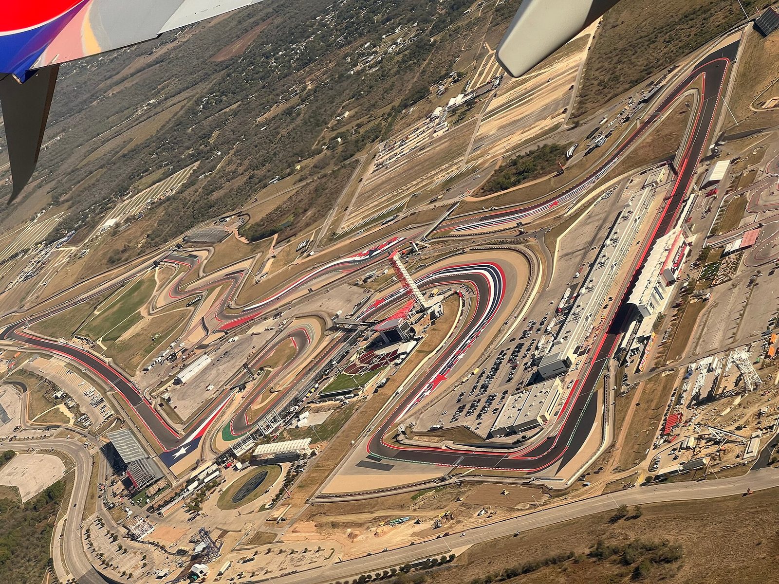 aerial view of a motor racing circuit from an aeroplane window, Circuit of the Americas