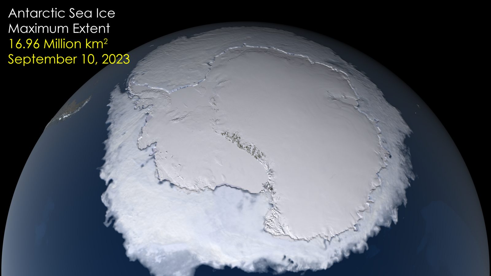 Globe view of Antarctica, labelled Antarctic sea ice maximum extent 2023