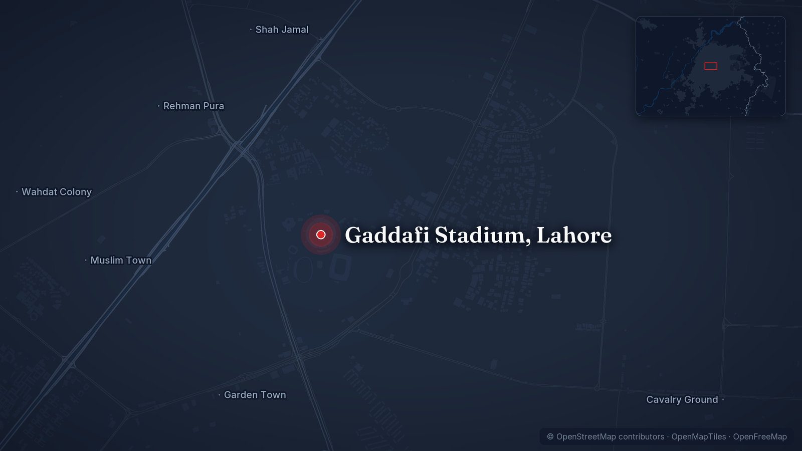 Map showing Gaddafi Stadium, Lahore
