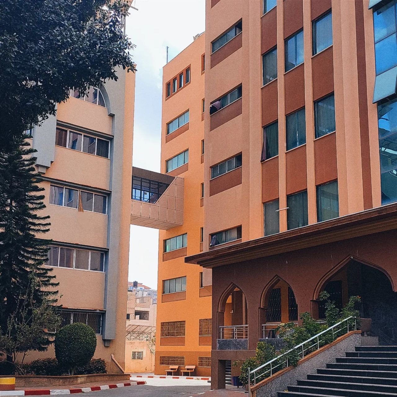 Multi-storey university buildings and courtyard at campus