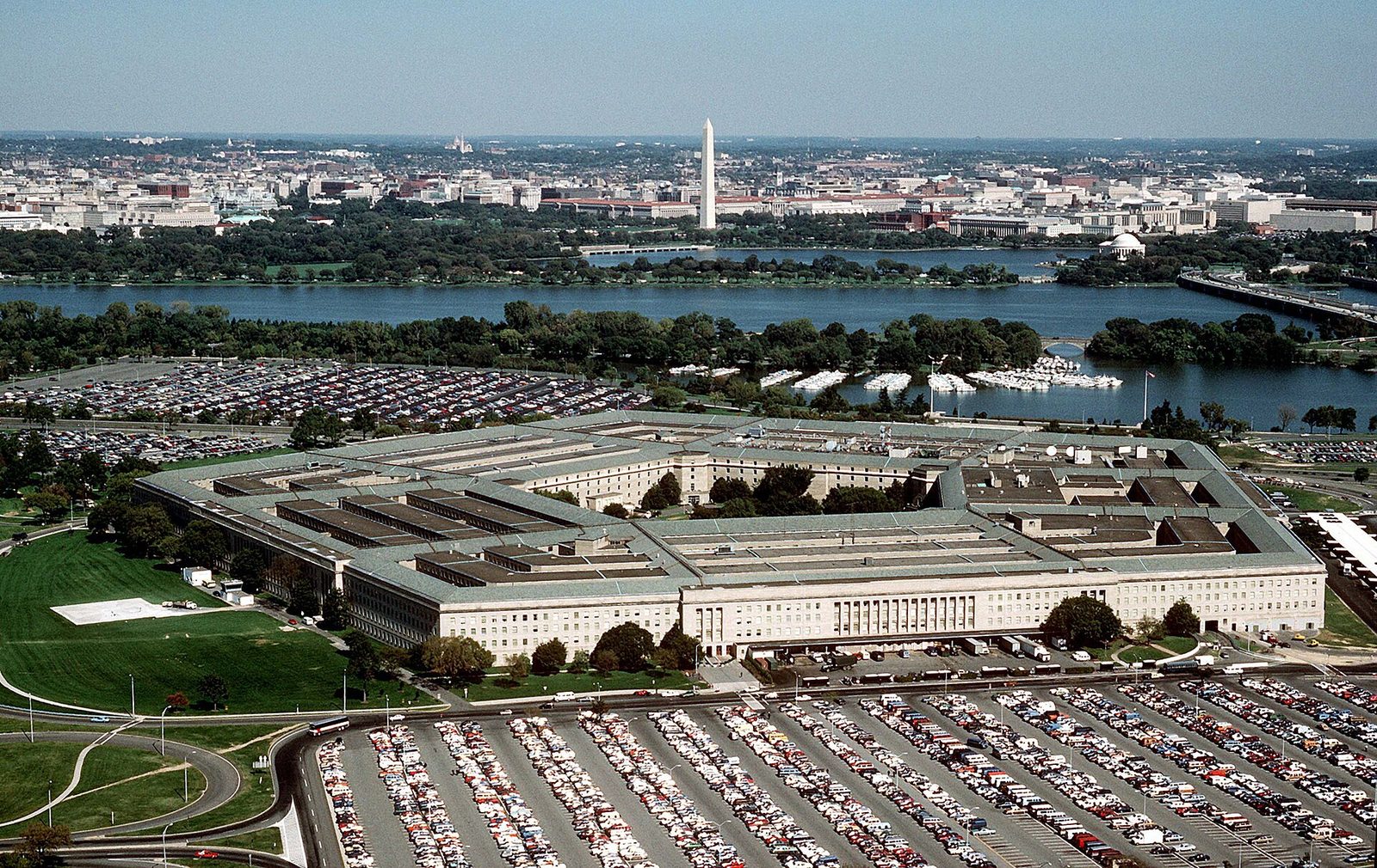 aerial view of the Pentagon, river and Washington Monument in distance, Washington