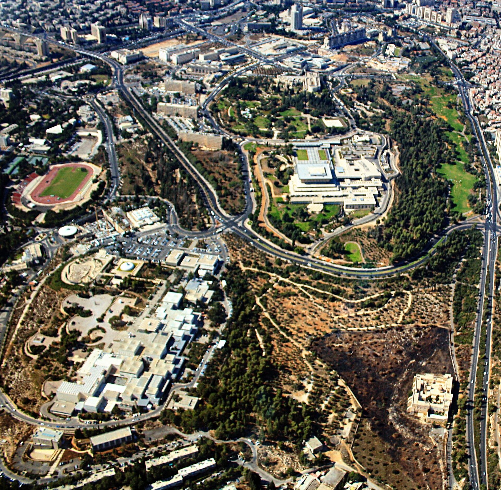 Aerial view of government complex, surrounding roads and stadium