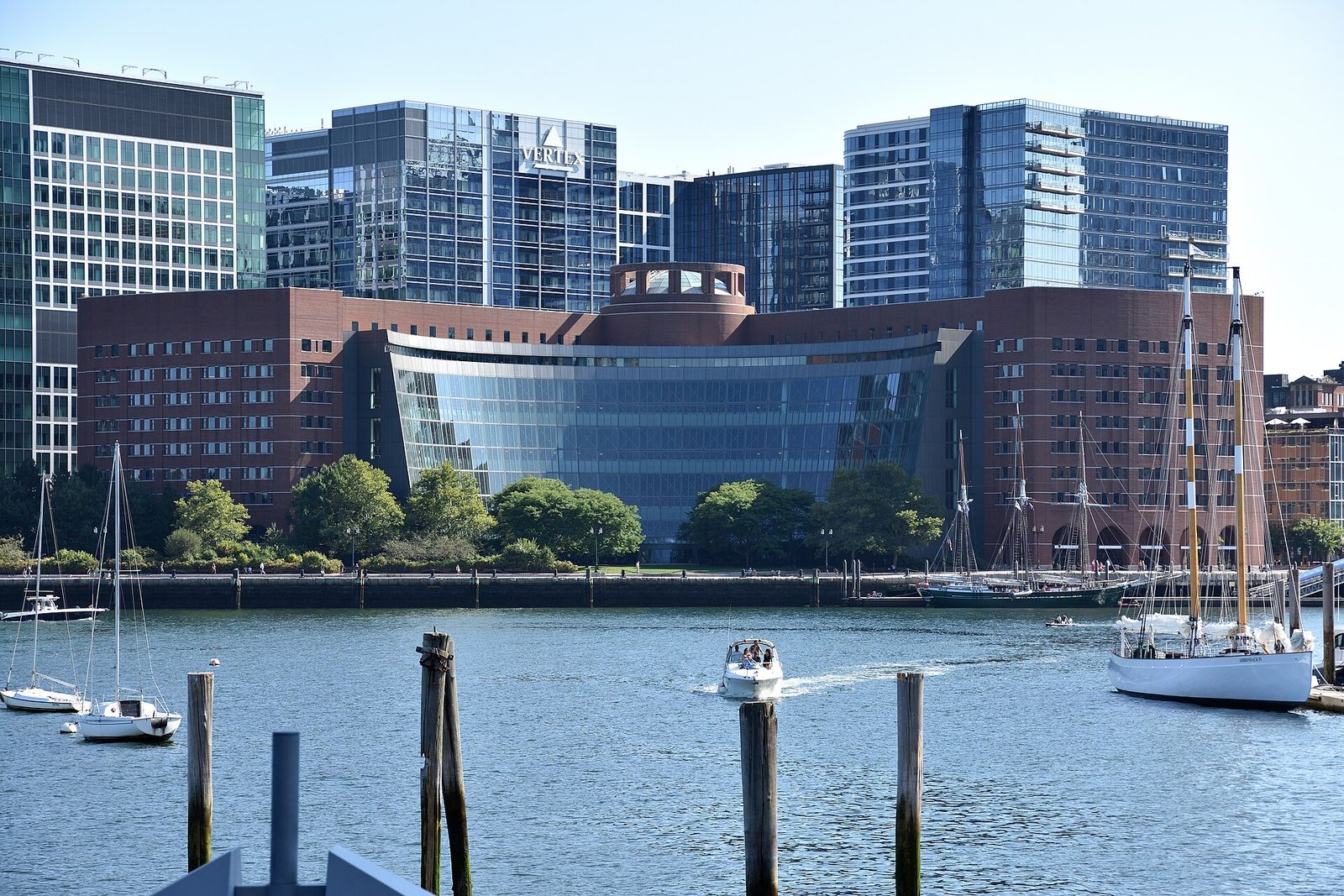 Moakley United States Courthouse, glass curved facade and waterfront, Massachusetts