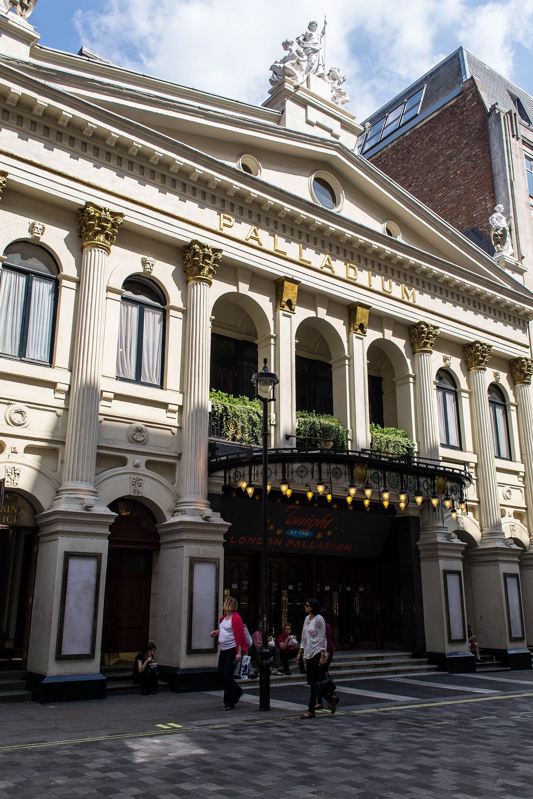 Close view of London Palladium facade, columns and marquee, London Palladium